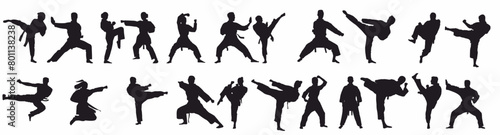 mix martial arts, Kungfu, boxing, karate, kick boxing, jujitsu, taekwondo, sumo, mauy thai. Silhouette vector illustration.	