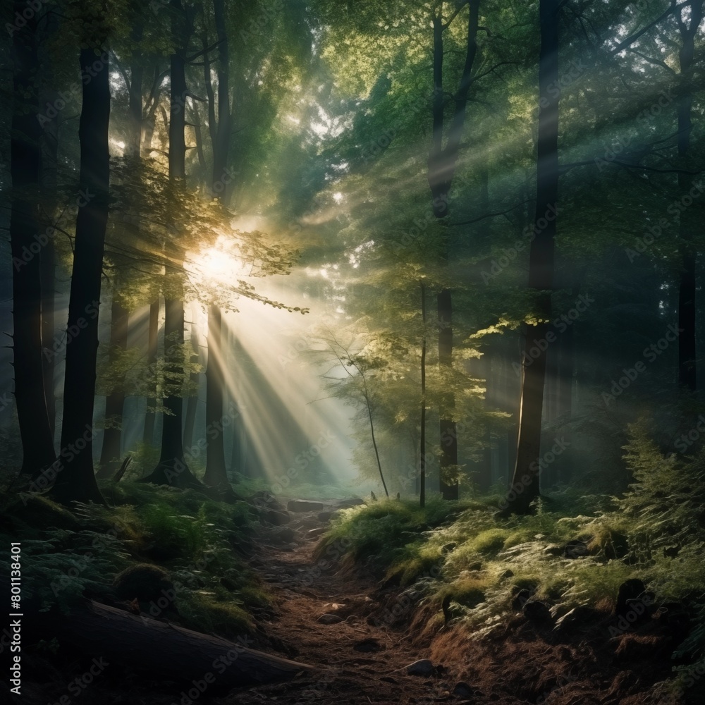 Stunning Sunlight Rays Peering Through the Forest Trees, Enhancing the Natural Beauty of the Woods