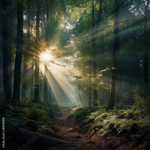 Stunning Sunlight Rays Peering Through the Forest Trees  Enhancing the Natural Beauty of the Woods