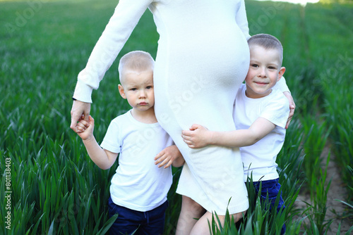 A pregnancy woman standing in a field with young boys. Expecting my third child. The woman is wearing a white dress and has her hands on the shoulders of the boys. They are all surrounded by lush