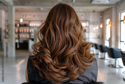 Back view of a woman with long brown hair in a beauty salon.