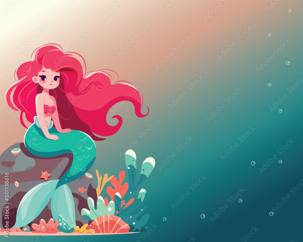 Illustration of a Beautiful mermaid girl sitting on the stone with seaweed. Vector Illustration Illustration of a Beautiful mermaid girl sitting on the stone with seaweed. Vector Illustration