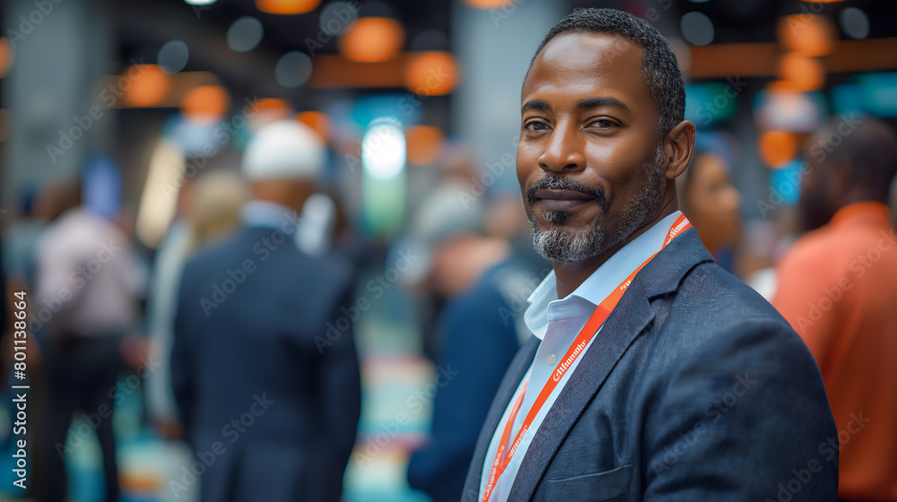 A smiling African American businessin a suit walks past a cafe with people socializing outdoors A smiling African American businessin a suit walks past a cafe with people socializing outdoors