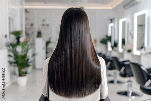 Back view of a businesswoman with black long straight hair sitting in a chair at a hair salon.