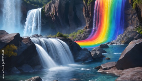 Rainbow Over Forest Waterfall: A tranquil scene of a cascading waterfall surrounded by lush greenery, with a beautiful rainbow arcing across the mist