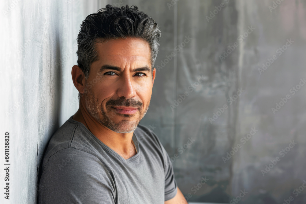 Portrait of a handsome mature Hispanic male smiling into the camera against a concrete wall. Concept of male beauty and grooming. Portrait of a handsome mature Hispanic male smiling into the camera against a concrete wall. Concept of male beauty and grooming.