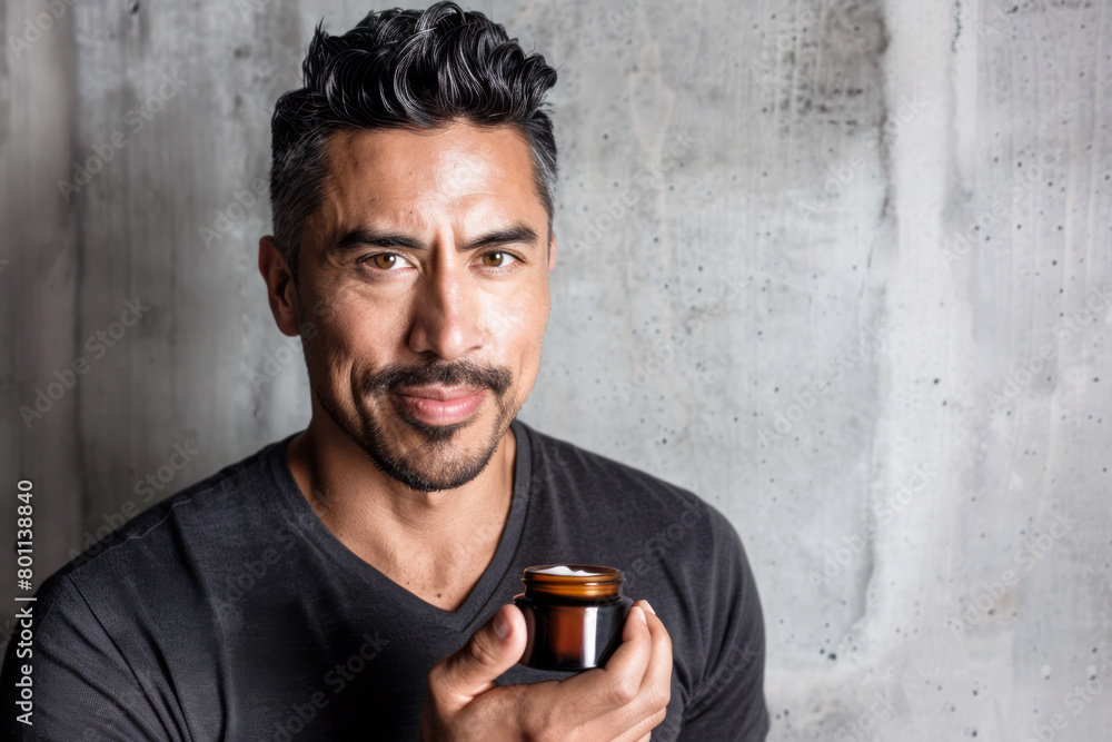 Portrait of a handsome forty-year-old Latino man holding a jar of cream against a gray concrete wall. Concept of male beauty. Men's cosmetics. Portrait of a handsome forty-year-old Latino man holding a jar of cream against a gray concrete wall. Concept of male beauty. Men's cosmetics.