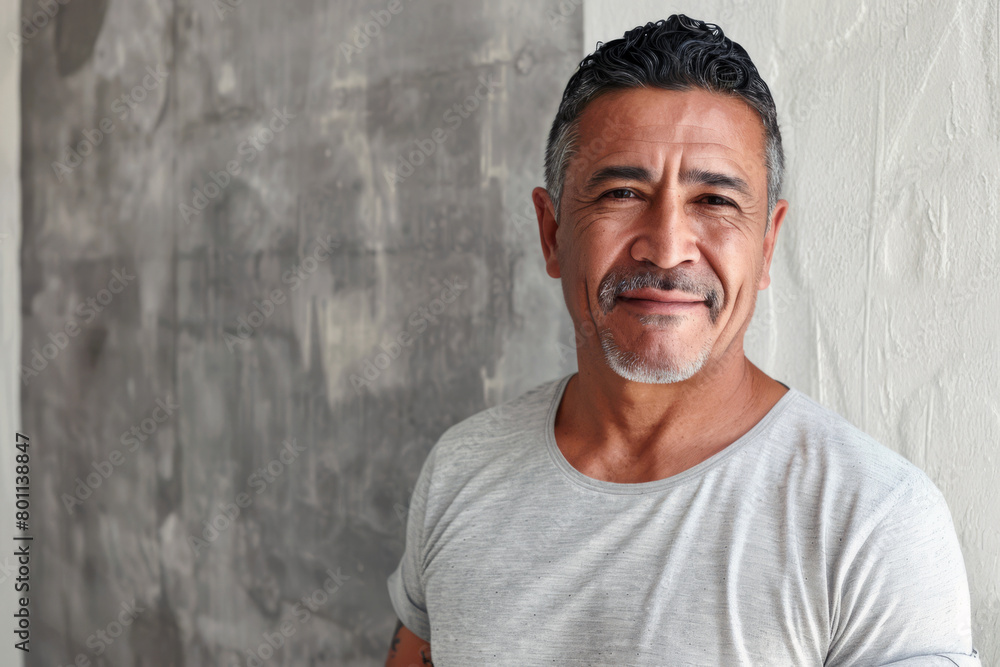 Portrait of a handsome mature Hispanic male smiling into the camera against a concrete wall. Concept of male beauty and grooming.