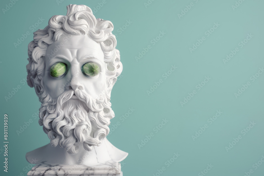 Statue of antique man with cucumber slices on eyes on blue background. Concept of male beauty and self-care. Cosmetic banner.