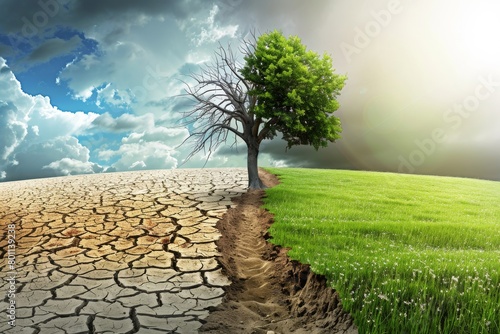 Compelling visual analogy depicting environmental impact: one side reveals parched, cracked land with a barren tree, while the other showcases lush, green grass and vibrant trees teeming with life
