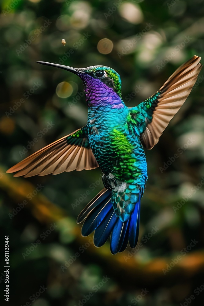 Fototapeta premium Colorful hummingbirds in flight, aiming for vibrant flowers to sip on delicious nectar