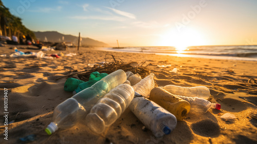 Concept environment problem plastic pollution in Asia. Trash bottle scattered on beach during sunset, highlighting