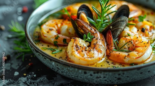   Close-up of a bowl filled with shrimp, mussels, and a herb garnish