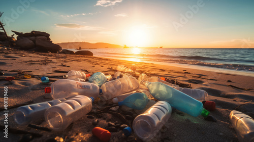 Trash scattered on beach during sunset  highlighting. Concept environment problem plastic pollution in Asia.