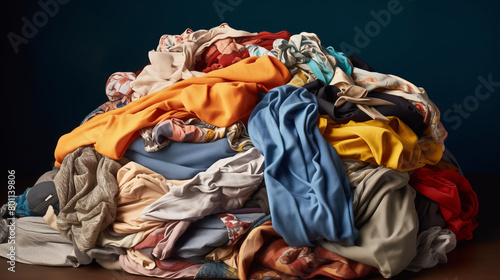 Concept problem of conscious consumption of clothing, people pollute environment with textiles. Disposable clothing lying in heap.