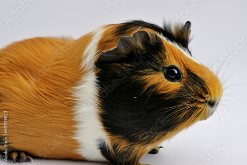 guinea pig. small fluffy tricolor guinea pig standing on a white background, close-up, animal concept