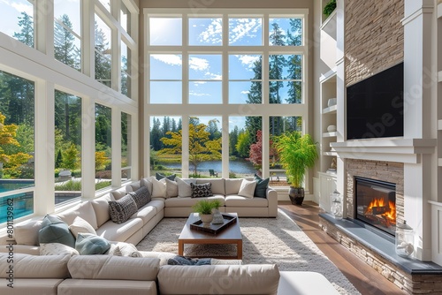 Beautiful Living Room in New Luxury Home with Fireplace and Roaring Fire. Large Bank of Windows Hints at Exterior View photo