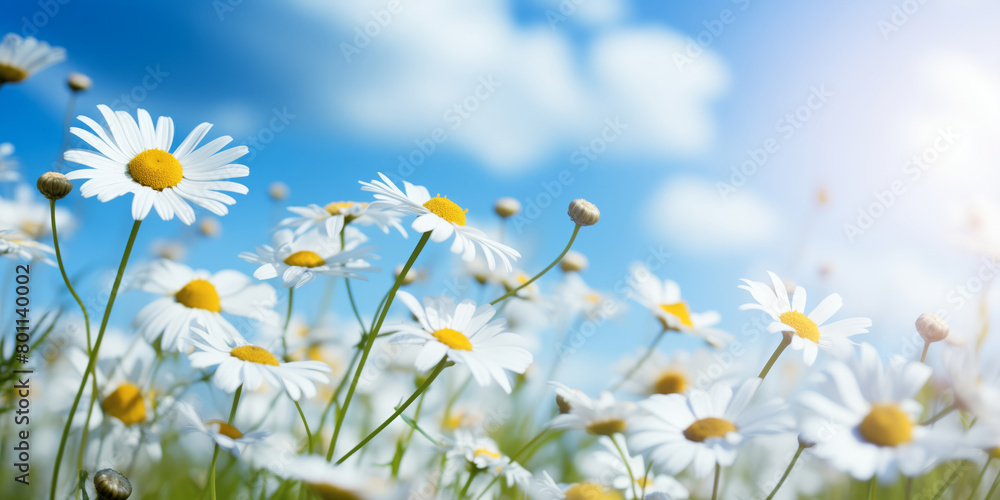 Bright Summer Day with Beautiful Daisy Field under Blue Sky