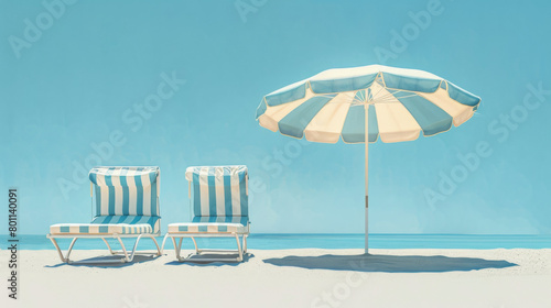 Poster beach umbrella and lounge chairs, with fabric stripes and sky blue: Holiday, Travel Industry