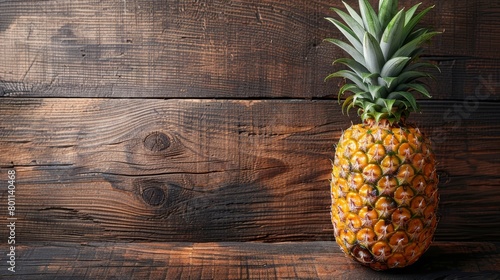  A pineapple atop a wooden table, nearby, a halved piece of wood
