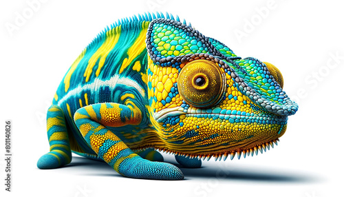 Yellow blue lizard Panther chameleon isolated on white background
 photo