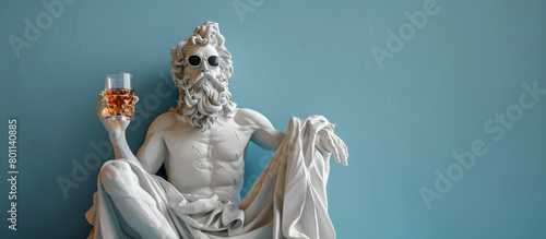 Sculpture of Zeus with a glass of whiskey in his hand sits leaning against a blue wall. Banner. Copy space.