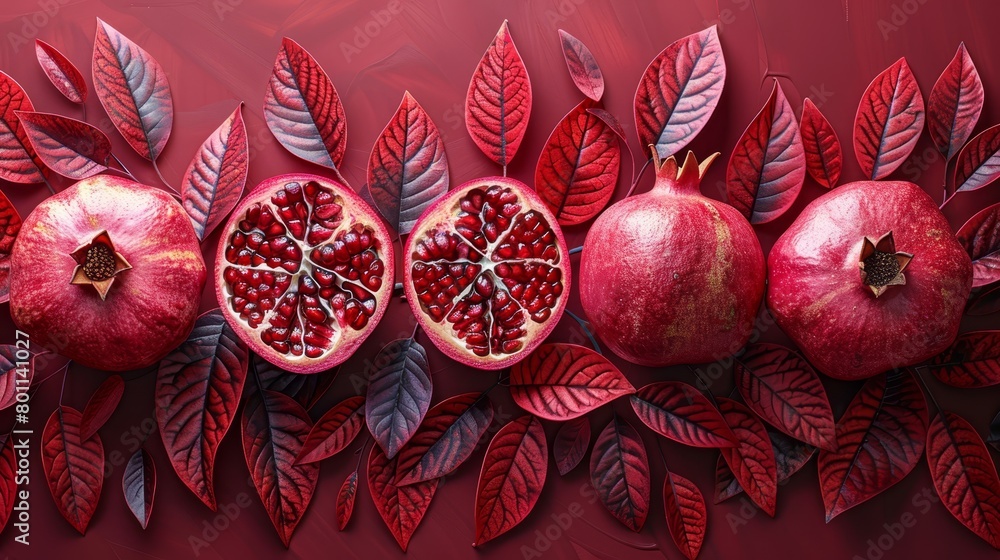 A collection of pomegranates against a red backdrop, featuring leaves and a star atop one fruit A collection of pomegranates against a red backdrop, featuring leaves and a star atop one fruit