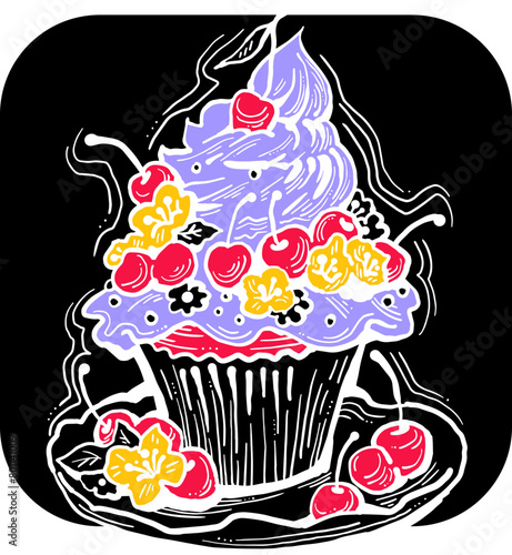 Sweet tasty dessert cupcake with cream and deco for morning breakfast in café or restaurant. Mini birthday cake for pleasure. Hand drawn retro vintage colorful vector illustration. Old style drawing.