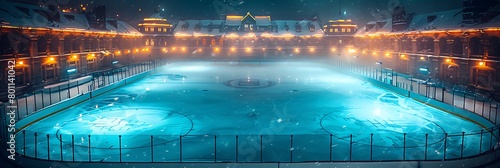 Aerial view of a hockey ice rink with a stylized stadium