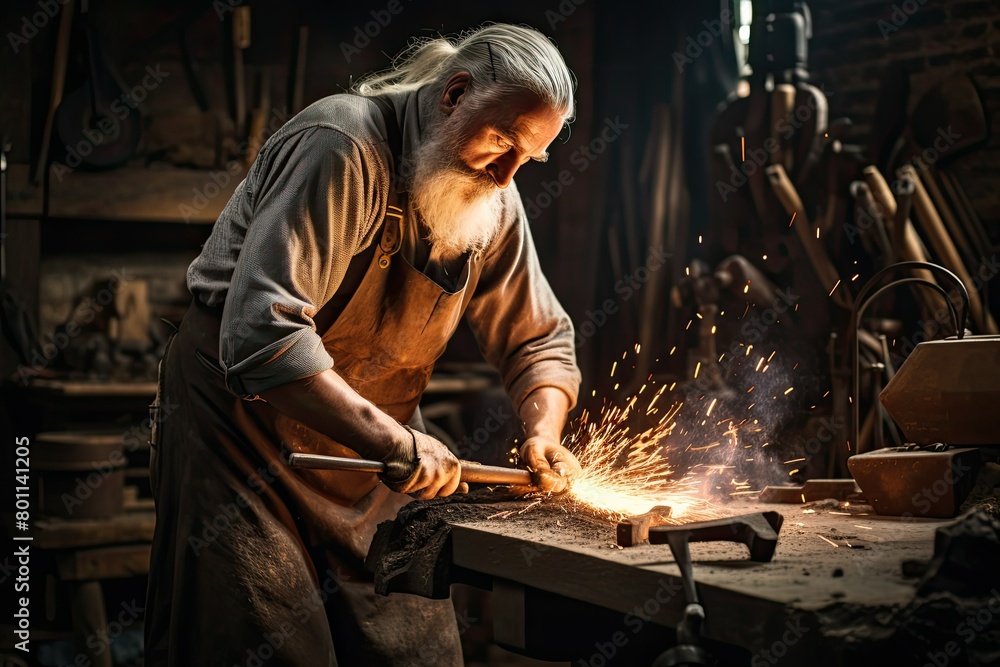 A blacksmith is using a grinder to shape metal in a workshop. Generative AI A blacksmith is using a grinder to shape metal in a workshop. Generative AI