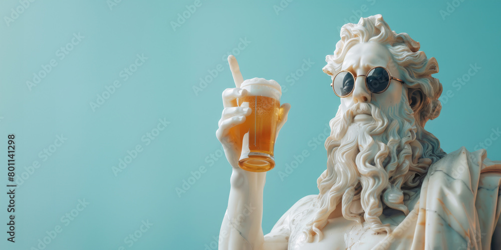 Obraz premium White sculpture of Zeus wearing sunglasses with a glass of beer in his hand on a blue background and pointing his finger at an empty space for text.