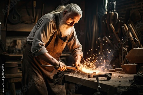 A blacksmith is using a grinder to shape metal in a workshop. Generative AI