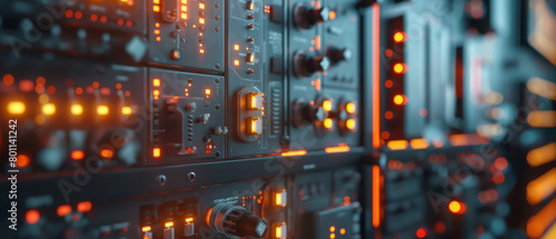 Close-up view of electrical panels with knobs and buttons for settings and many electronic components