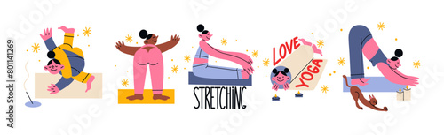 Cartoon mascot characters doing yoga. Sports girls, retro hippie stickers in doodle style. Healthy lifestyle, sport, meditation and practice, yoga sports stickers