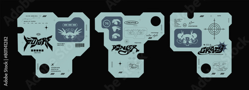 Futuristic y2k technology frame for design business cards. HUD frames in sci-fi style, GUI, FUI.Modern cyber user interface elements. Pixel characters, system notifications	