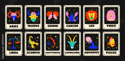 Astrological Cards of constellations and zodiac signs, star horoscopes in cartoon style. Cancer, Pisces, Scorpio, Virgo, Aquarius, Capricorn, Taurus, Libra, Leo, Sagittarius, Gemini, Aries. Magic card