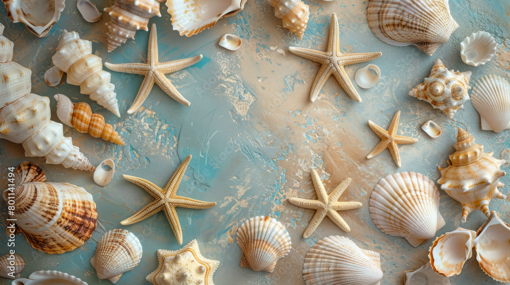 Poster of a starfish and seashells sandy beige ocean blue background. Family Holiday travel Poster of a starfish and seashells sandy beige ocean blue background. Family Holiday travel