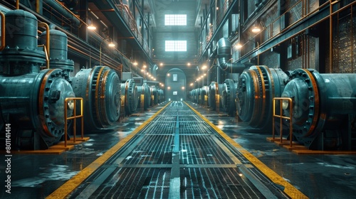 A large industrial building with many pipes and valves. Scene is industrial and mechanical