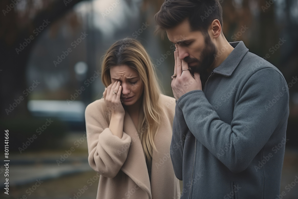 Concerned Couple Embracing During Difficult Times in Autumn Park Concerned Couple Embracing During Difficult Times in Autumn Park