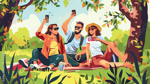 Happy friends taking selfie on picnic in park 