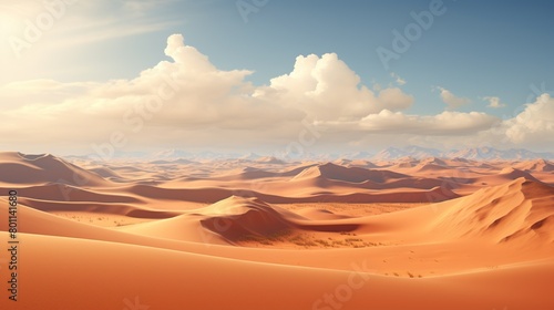 The setting sun casts a brilliant glow over the expansive rippled Saudi Arabian desert, illuminating the sandy peaked dunes. 