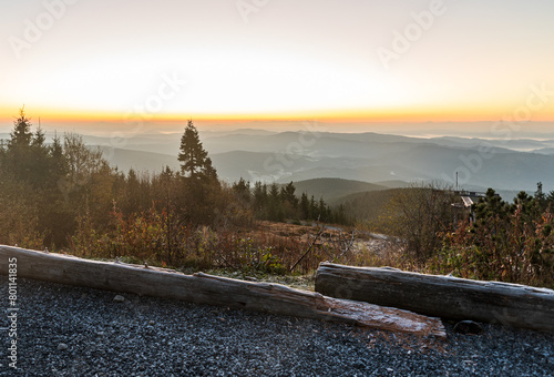 View from Lysa hora hill in Moravskoslezske Beskydy mountains in Czech republic during dawn photo