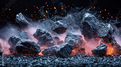 A tight shot of flaming rocks atop a black backdrop Fire emerges from their summits