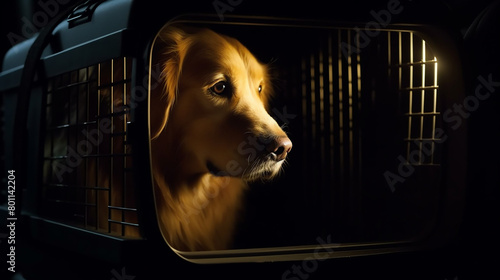 triste  golden retriever na gaiola dentro do compartimento de bagagem do avião photo