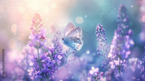 Summer spring lilac flowers and fly butterfly in a meadow at sunset macro image shallow depth of field abstract summer nature background. Banner, copy space.