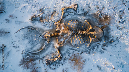 Majestic Mammoth Skeleton Encased in Ice Captured from Above