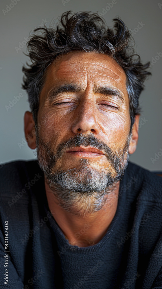 Close-up portrait of a man with closed eyes, stubble, and tousled hair, expressing a serene or contemplative mood. Close-up portrait of a man with closed eyes, stubble, and tousled hair, expressing a serene or contemplative mood.