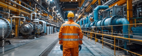 A man in a yellow and orange safety suit stands in front of a large industrial building. Concept of caution and safety, as the man is wearing a hard hat and reflective vest