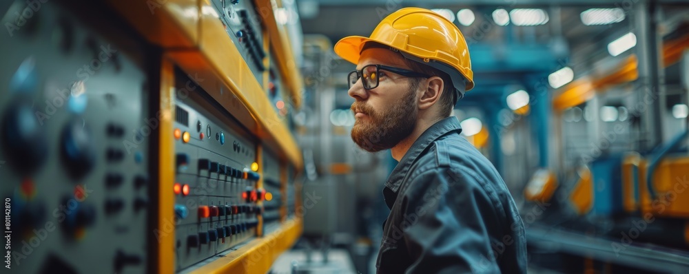 A man in a yellow hard hat is working on a machine. He is wearing a blue shirt and a black jacket A man in a yellow hard hat is working on a machine. He is wearing a blue shirt and a black jacket