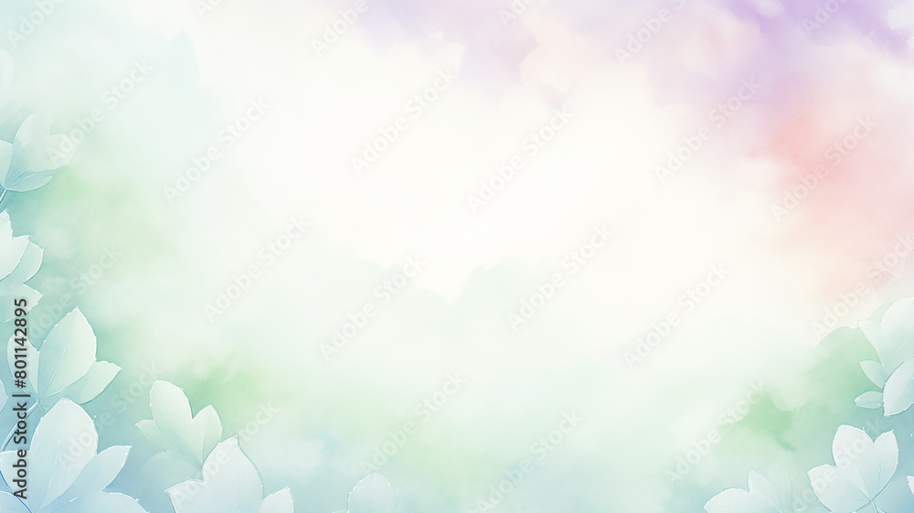Green leaves among clouds, watercolor postcard background Green leaves among clouds, watercolor postcard background